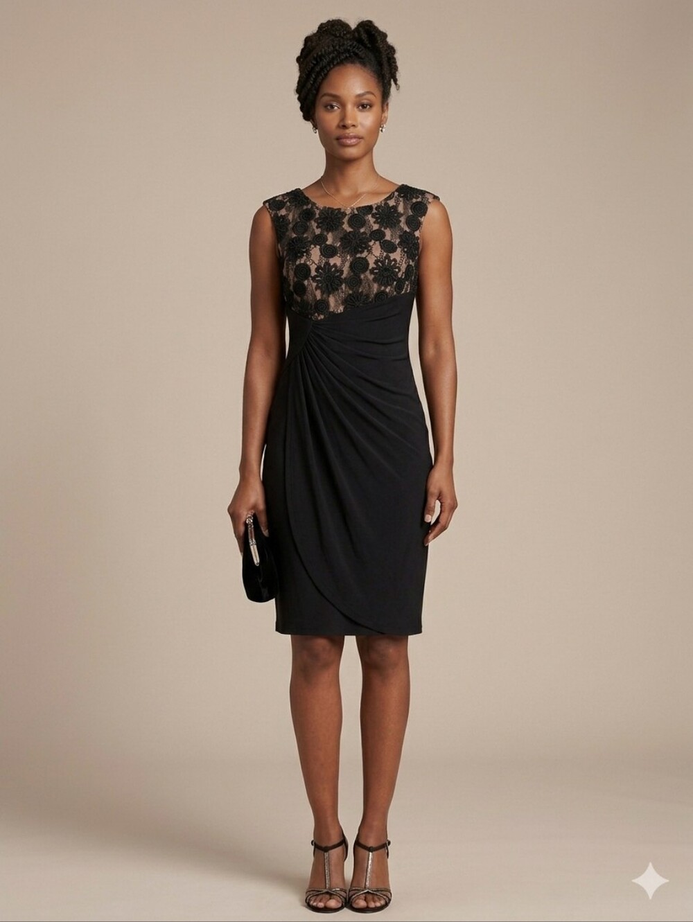 connected apparel Black Floral-Appliqué Midi Dress with Nude Illusion
